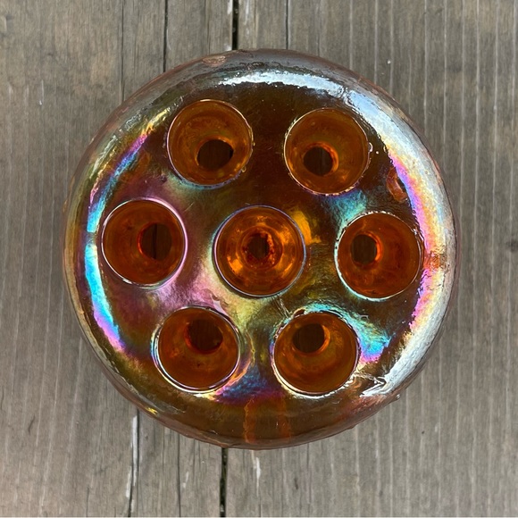 Vintage Iridescent Marigold Carnival Glass Flower Frog Floral Arranger - Picture 3 of 14